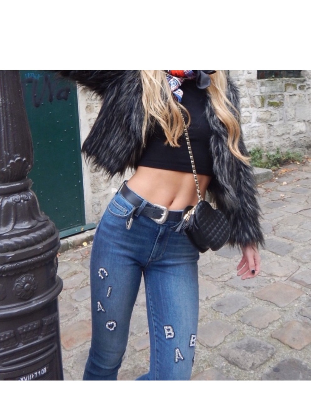 Paige High Rise Hoxton Ankle Peg with Pearl Adorned Patches “CIAO BABY” Jeans 27